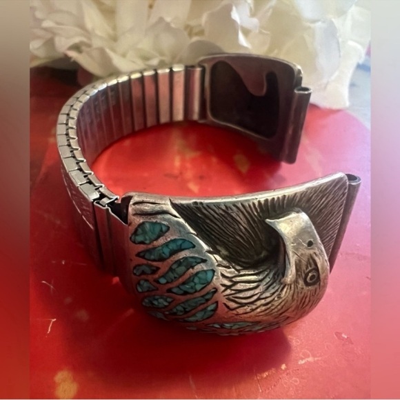 Vintage Native American NAVAJO Sterling Silver Watch Band W Turquoise Inlay - Picture 5 of 7